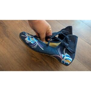 Blue Denim Embroidered Floral Chinese Traditional Ankle Wrap Flat Shoes Boots